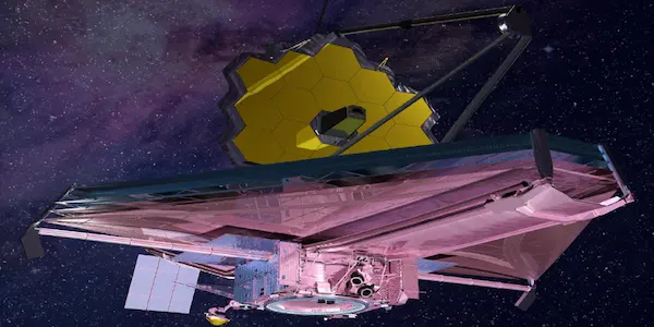 An image of the JWST with the blue Earth with the Moon and Sun beyond