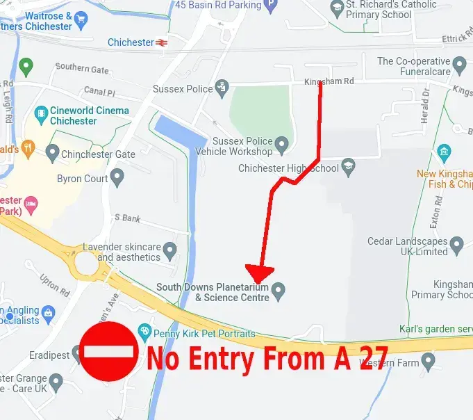 A map showing the planetarium entrance in Kingsham Road, Chichester