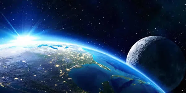 An image of a blue Earth with th Moon beyond